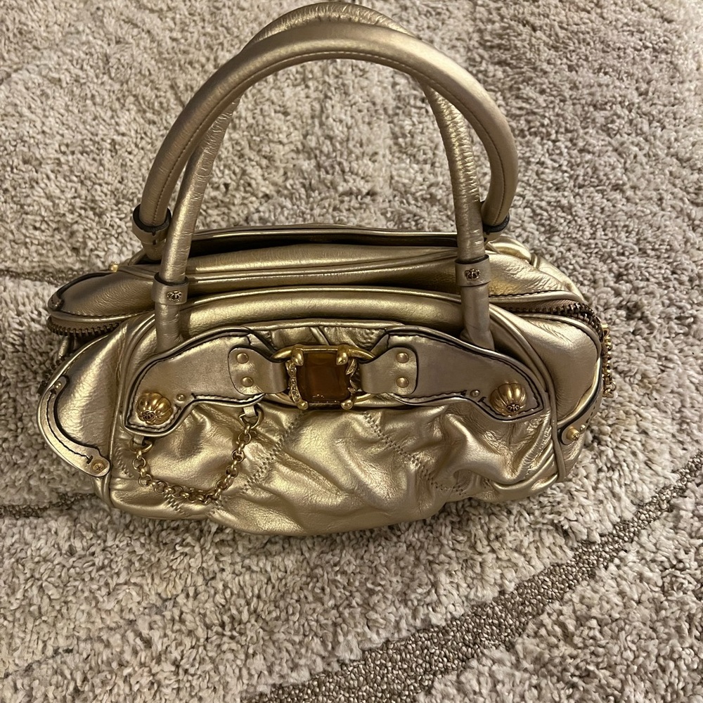 Elegant Gold Ruched Satchel with Structured Handle
